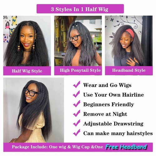 Moxuan Kinky Straight Half Wig Synthetic Hair 3 in 1 Seamless Flip Over Half Wigs Glueless Wear and Go Beginner Friendly Clip In Hair Drawstring Headband Wig Natural Black Color for Women 20 Inch
