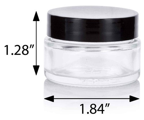 Clear Glass 0.50 oz / 15 ml Low Profile Thick Wall Balm Jars with Black Smooth Foam Lined Lids (12 PACK)