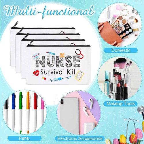Abbylike 50 Pieces Nurse Gift Bag Survival Kit Makeup Bags Canvas Multi Purpose Zipper Pouch Funny Travel Bag for Birthday Nurse Week Practitioner Gifts for Women, 7.09 x 4.33 Inch(White)