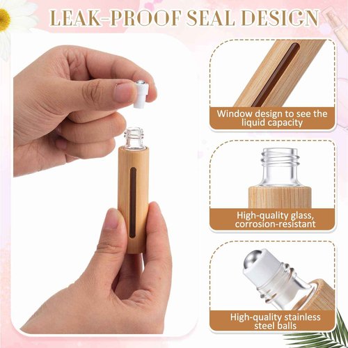 BrightRow 18 Pcs 10ml Bamboo Roll on Bottles for Essential Oils Empty Bottles with Stainless Steel Roller Balls with Funnels, 3ml Droppers and Stickers