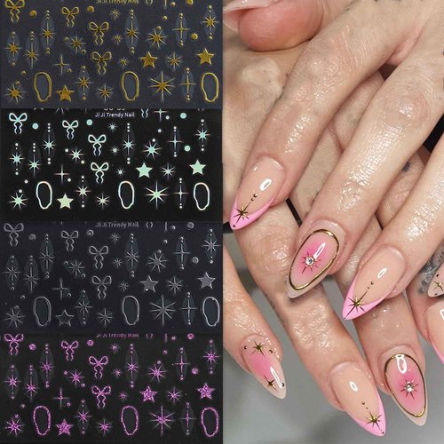 Star Bow Nail Stickers Decals Gold Silver Laser Purple Nail Art Decals Self-Adhesive Designs Nail Art Stickers for Women DIY Nails Decorations Star Nail Decals Accessories