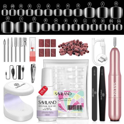 SAVILAND Toe Nail Tips and Glue Gel Kit - Gel Nail X Kit for Toes Poly Press On Toes Nails Kit with Nail Drill 500 Pcs Fake Toenails Tips with Nail Glue Acrylic Nail Kit Nail Lamp Salon At Home Gift
