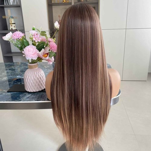 Carkira Long Brown Wig with Blonde Highlight 13x6 Lace Front Wigs Ombre Dark Root Silk Straight Synthetic Fiber 24Inch Pre Plucked for Women Girls