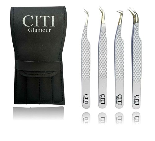 CITI GLAMOUR Lash Tweezers For Eyelash Extension set of 4 with Diamond Grip and Precise Fiber Tip For Volume,Mega Volume And Classic Lashes,Ideal for Lash Artist and at home use