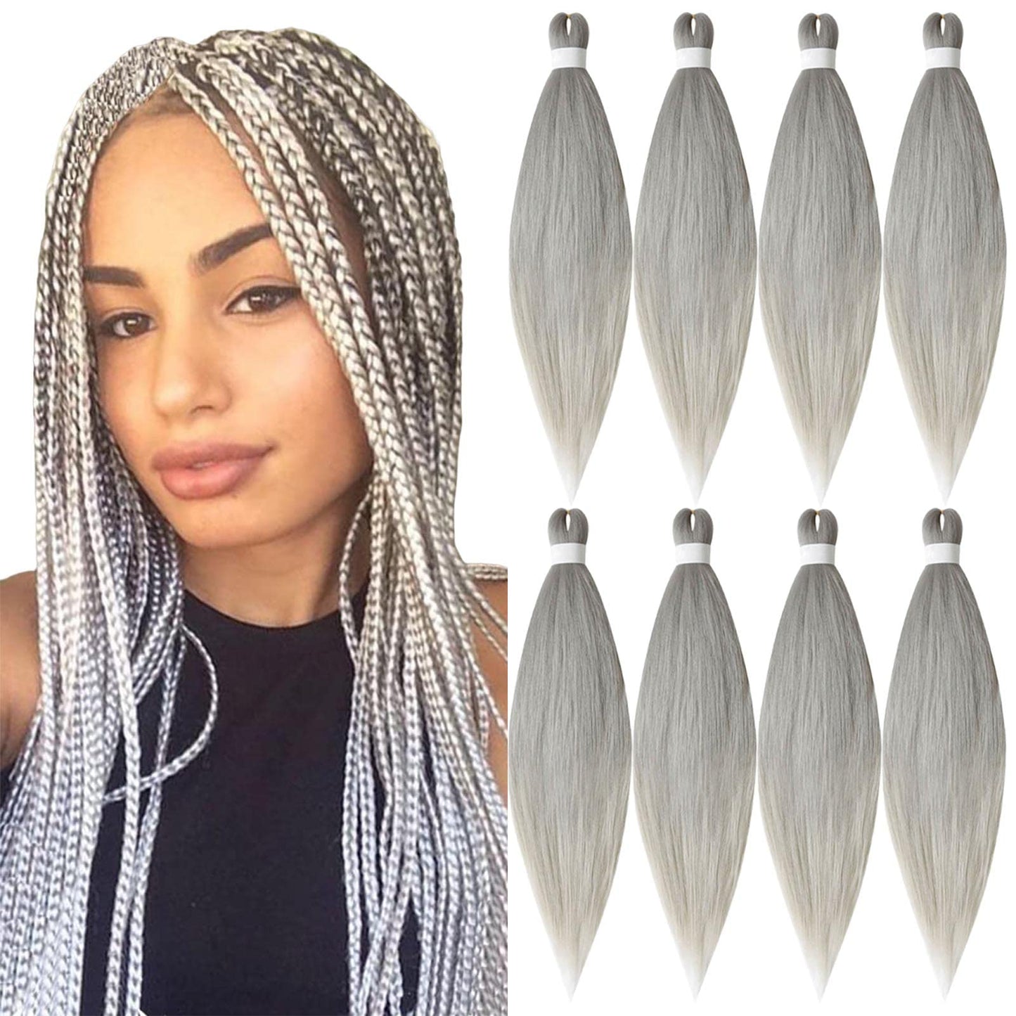 TENGSHUO FLY 8 Packs 26 Inch Pre Stretched Ombre Jumbo Braiding Hair for Women Extensions 26 Inch Professional Soft Yaki braiding Hair for Braids Hot Water Setting Synthetic Crochet Hair Extensions(26 Inch,Sliver)