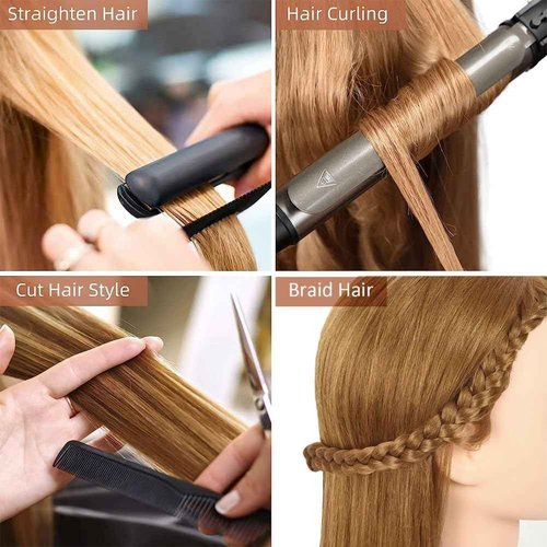 100% Human Hair Mannequin Head Hair Styling Training Head Cosmetology Manikin Head Doll Head for Hairdresser with Clamp Holder and Tools