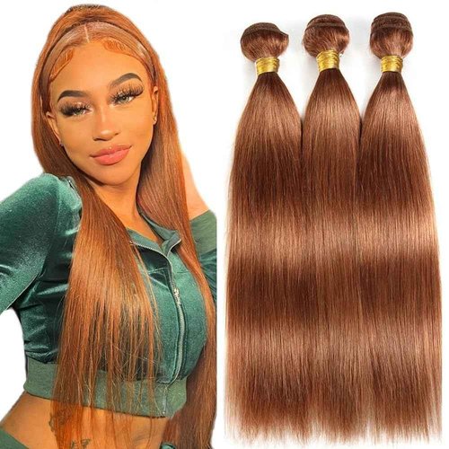 #30 Straight Human Hair Bundles 16 18 20 Inch Brown Bundles Human Hair Unprocessed Native Virgin Hair 100/PC 3 Extensions Light Brown Color Wet and Wavy Human Hair Extensions for Women
