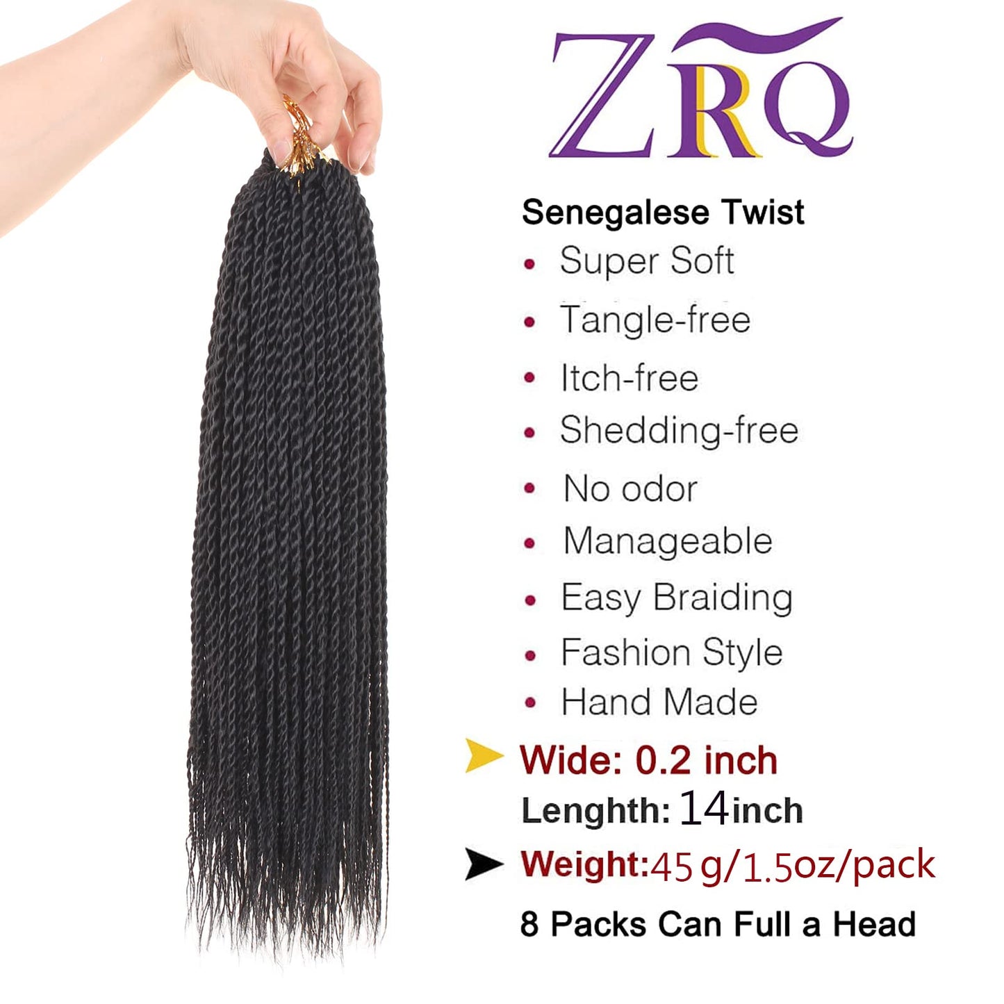 ZRQ Senegalese Twist Crochet Hair - 8 Packs 14 Inch Small Crochet Hair for Braiding, 25 Strands/Pack Crochet Braids Hair For Women, Crochet Twist Hair Braiding Hot Water Setting(14 Inch,1B)