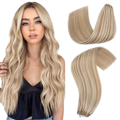 Hairro U Tip Human Hair Extensions Micro Ring Keratin Glue U-tip Hot Fusion Remy Hair Balayage Highlight Color 16 inch 50g 50 Strands #12P613 Golden Brown Mix Bleach Blonde