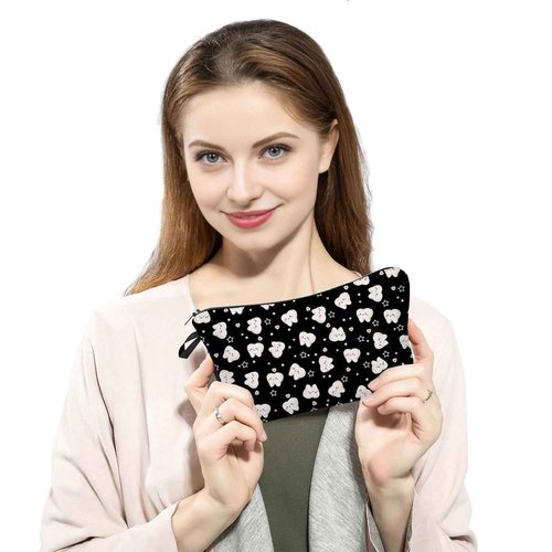 YULUENZE Cartoon Teeth Makeup Bag Black Background Small Organizer Pouch with Zipper Cartoon Tooth Cosmetic Bag Present for Dentists Dental Patients Nurse Women