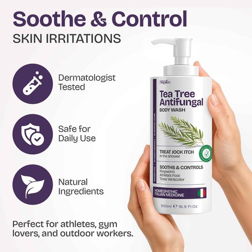 Antifungal Tea Tree Body Wash - Antibacterial Soap for Jock Itch, Eczema, Back Acne, Ringworm Treatment for Humans | Antibacterial Body Soap For Men & Women with 1% Tolnaftate & Tea Tree Oil - 16.9 oz