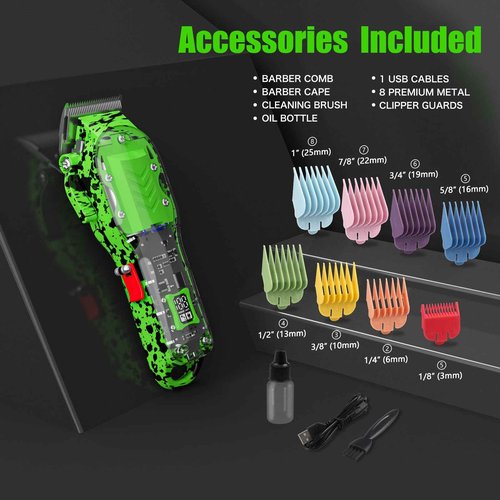 Professional Hair Clippers for Men, Cordless Barber kit for Hair Cutting & Grooming, Green Hair Clippers Set for Barber Haircut with LED Display 8 Fade Taper Combs
