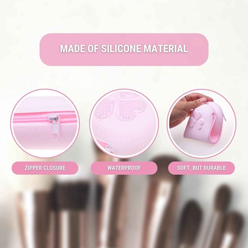 Eco-Fused Travel Makeup Brush Holder with Zipper, 2 Pack, Silicon Trendy and Portable Cosmetic Face Brushes Holder, Soft and Sleek Makeup Tools Organizer for Travel (Pink & Black)