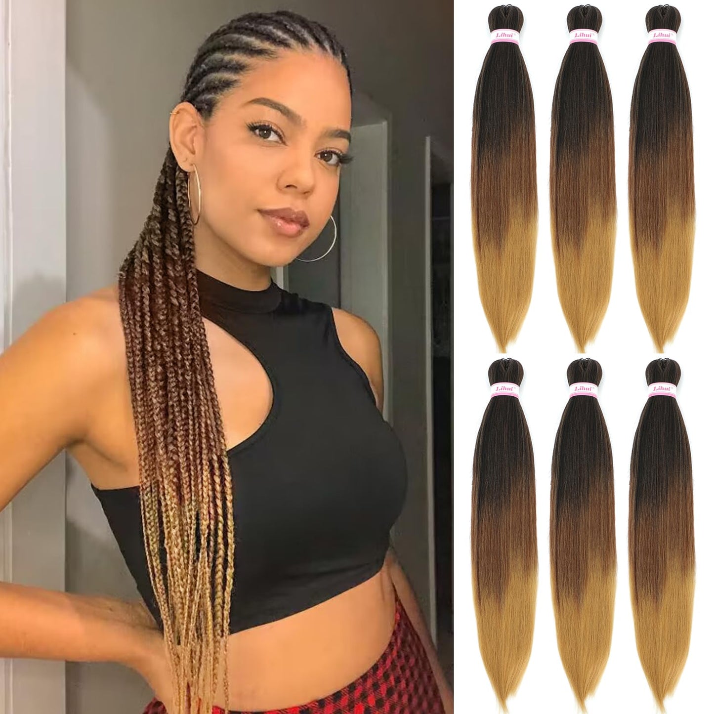 Braiding Hair Pre Stretched 26 Inch prestretched Braiding Hair Extensions For Braids Twists Crochet Long Braid Hair Synthetic Bundles Yaki Texture Hot Water Setting(1B/30/27, 6 Packs, 26 Inch)