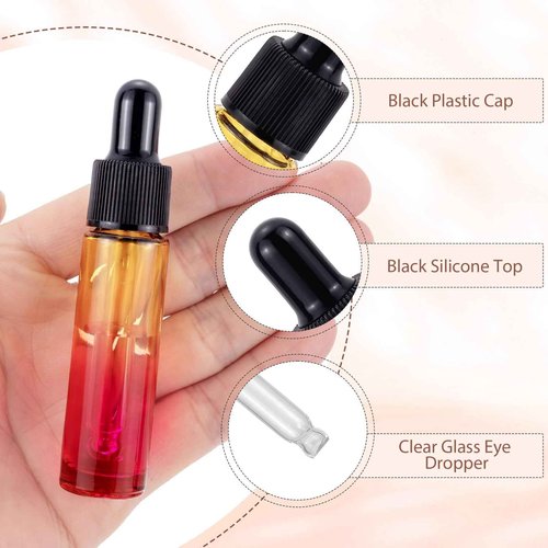 Newzoll 10Pcs 10ml Glass Eye Dropper Bottles, 1/3oz Travel Refillable Perfume Vials for Essential Oils &Tincture, Leak Proof Multi-Color Gradient, Portable DIY Containers with 5ml Plastic Pipettes