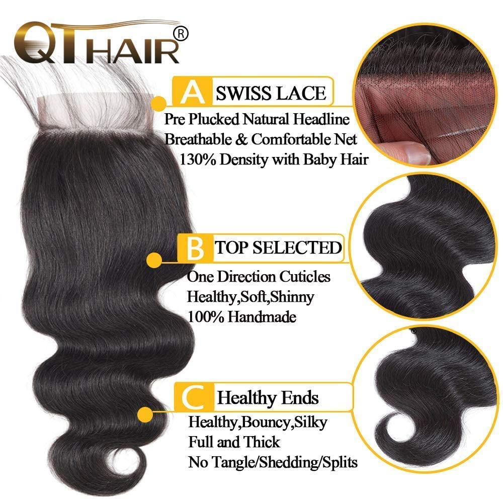 QTHAIR 14A Grade Brazilian Body Wave Human Hair Bundles with Closure Human Hair Weave with Closure (14" 16" 18" with 12") 100% Unprocessed Brazilian Virgin Hair 4x4 Swiss Lace Closure