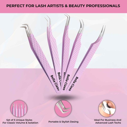 Bella Ciaao Lash Tweezers Pack of 5 – Eyelash Extension Tweezers Set for Professionals