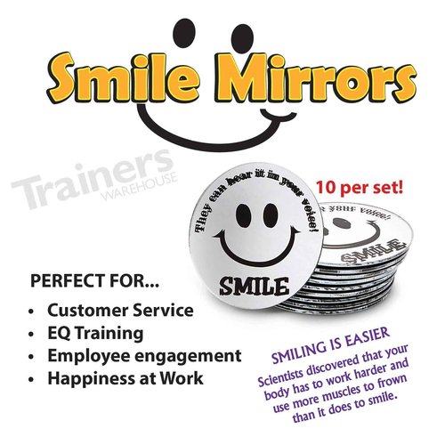 Trainers Warehouse Mini Round Smile Mirrors (10/Set) | A Reminder to Communicate Positive Energy Through Voice - Handy Mini-Mirror | 2.25 Inch Diameter Adhesive Backing