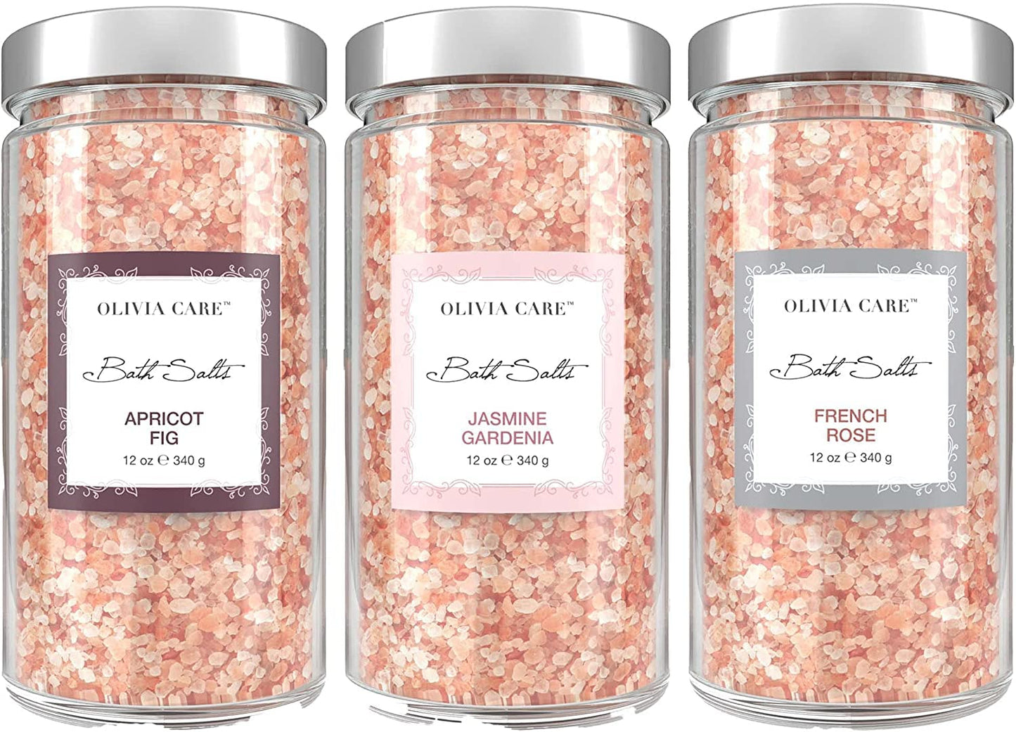 Olivia Care Pink Himalayan Bath Salts - Relieves & Relax Muscles. Exfoliate, Heal, Rejuvenate, Cleansing & Soothes Skin | Made with Natural Ingredients. Fresh Fragrance - 12 OZ (Mixed, 3 Pack)