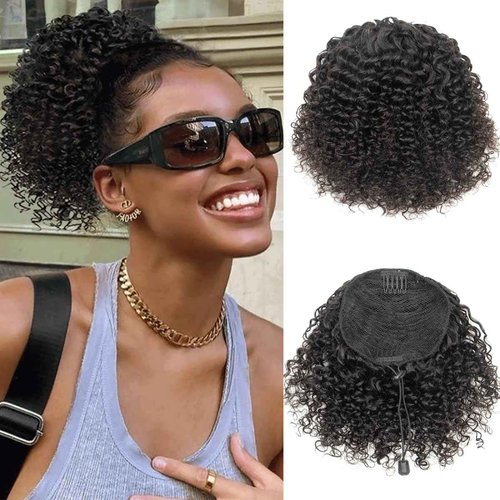 SPIKFN Ponytail Extension Human Hair Curly Ponytail Extension for Black Women 8 Inch #1B Natural Black Short Afro Puffs Hair Buns Drawstring Ponytail Human Hair