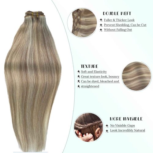 Sew in Hair Extensions Real Human Hair, Ombre Brown to Platinum Blonde Highlighted Weft Hair Extensions Human Hair 80G Double Weft Hand Tied Human Hair Extensions Sew in Bundles 16 Inch