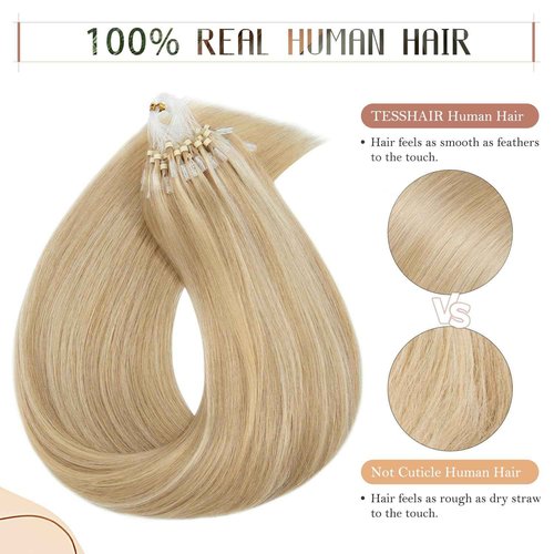 TESSHAIR Micro Loop Hair Extensions, 100% Remy Human Hair, Microlink Extensions, No Tangle & Smooth, 50 Strands 50g, 16 Inch #Blonde & Bleach Blonde