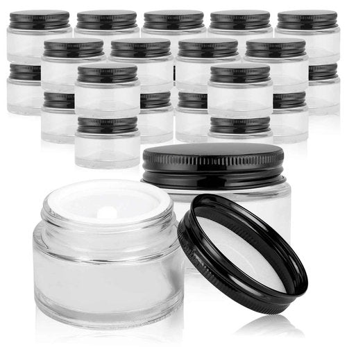 RAMFIYN 24 Pack 2oz Clear Glass Jars Small Glass Containers with Black Metal Lids Empty Cosmetic Jars with Inner Liners and Lids Clear Glass Lotion Jars with Labels for Traveling