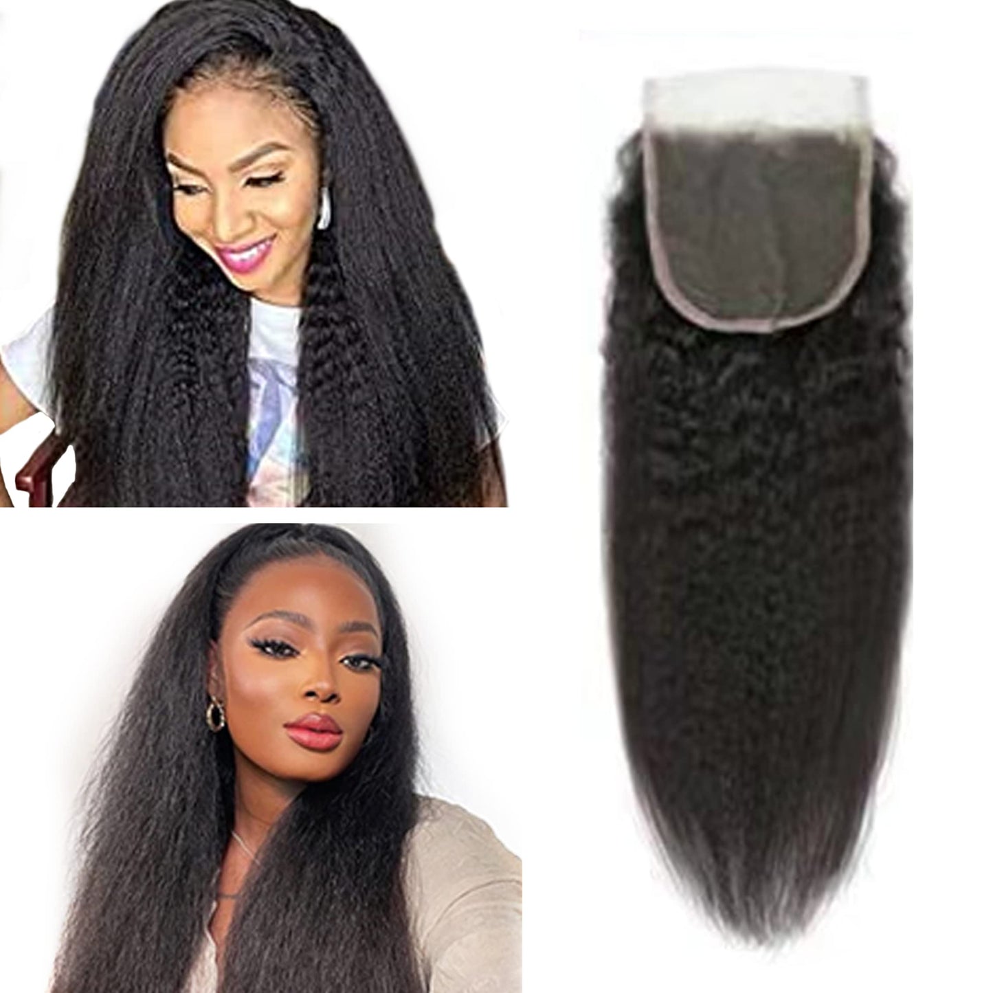 Selina Lace Closure Kinky Straight 4x4 Lace Closure Hd Lace Closure Kinky Straight Human Hair Free Part Lace Closure Hair Natural Color Black(12inch Kinky Straight, 4x4)