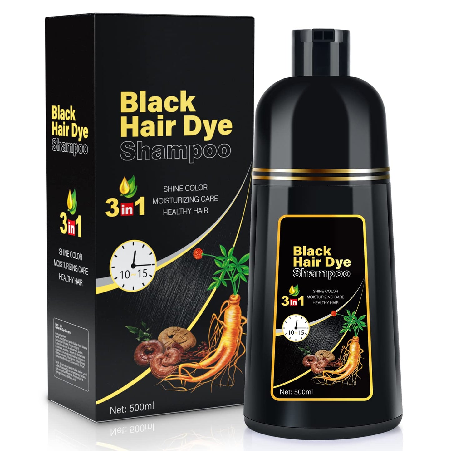 JUANCHI Hair Dye Shampoo 3 in 1 for Gray Hair, Hair Shampoo Organic Natural Hair Dye Shampoo for Women Men (Black)