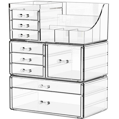 Yieach 3 Pack Clear Makeup Organizer Countertop for Dresser,Vanity and Bathroom Counter Organizer,Tiered Stackable Makeup Acrylic Organizers with 9 Drawer for Skincare,Brush and Make up Holders