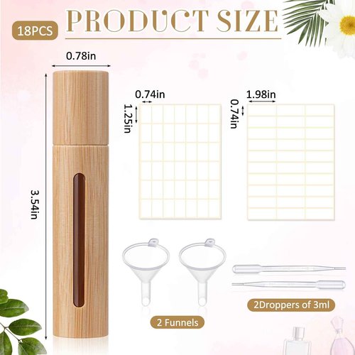 BrightRow 18 Pcs 10ml Bamboo Roll on Bottles for Essential Oils Empty Bottles with Stainless Steel Roller Balls with Funnels, 3ml Droppers and Stickers