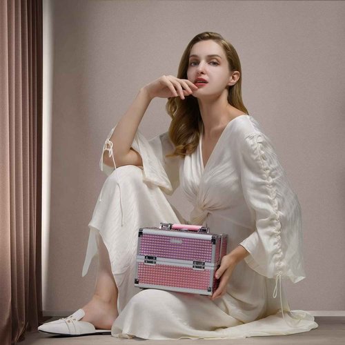 Joligrace Makeup Train Case Makeup Case Organizer Portable Cosmetic Box Storage with 2 Trays Mirror Locking Make Up Travel Case for Nail Kits Cosmetics Craft Traveling Makeup Box Mermaid Pink