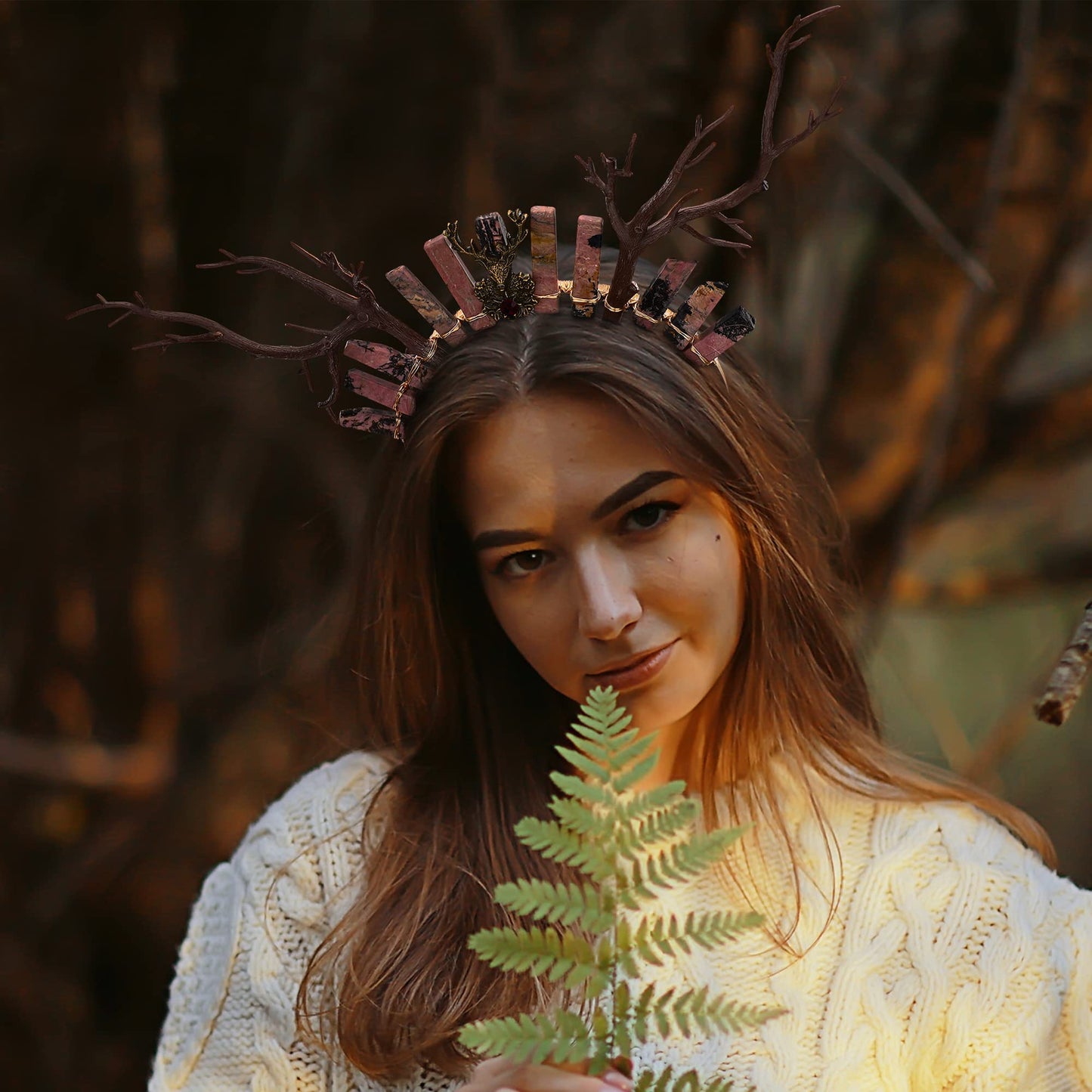 COSUCOS Woodland Fairy Crown Crystal Headpiece Forest Deer Horns Headband Renaissance Wedding Photoshoot Cosplay with Rhodochrosite Stone Brown