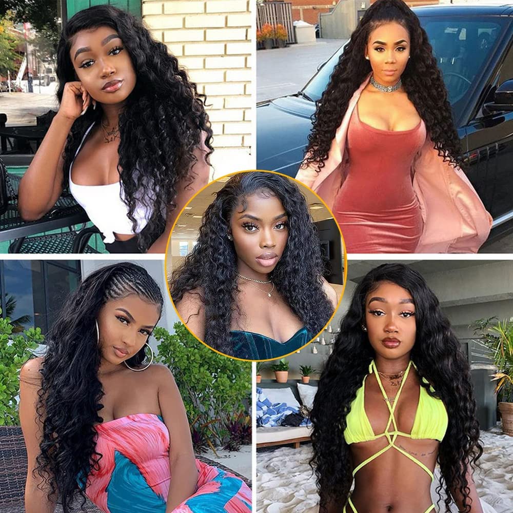 QTHAIR 14A Brazilian Deep Wave Bundles with Closure Virgin Human Hair Bundles with Closure 4x4 Lace Natural Color for Black Women 100% Unprocessed Deep Wave Human Hair(14 16 16+12)