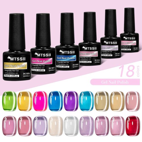 MTSSII Jelly Cat Eye Gel Nail Polish Set 18PCS, Neon Moonlight Glass Crystal Magnetic Gel Polish Pink Purple Red Blue Yellow Colors Nail Polish with Magnet Soak Off UV Art Gift for Women Girls