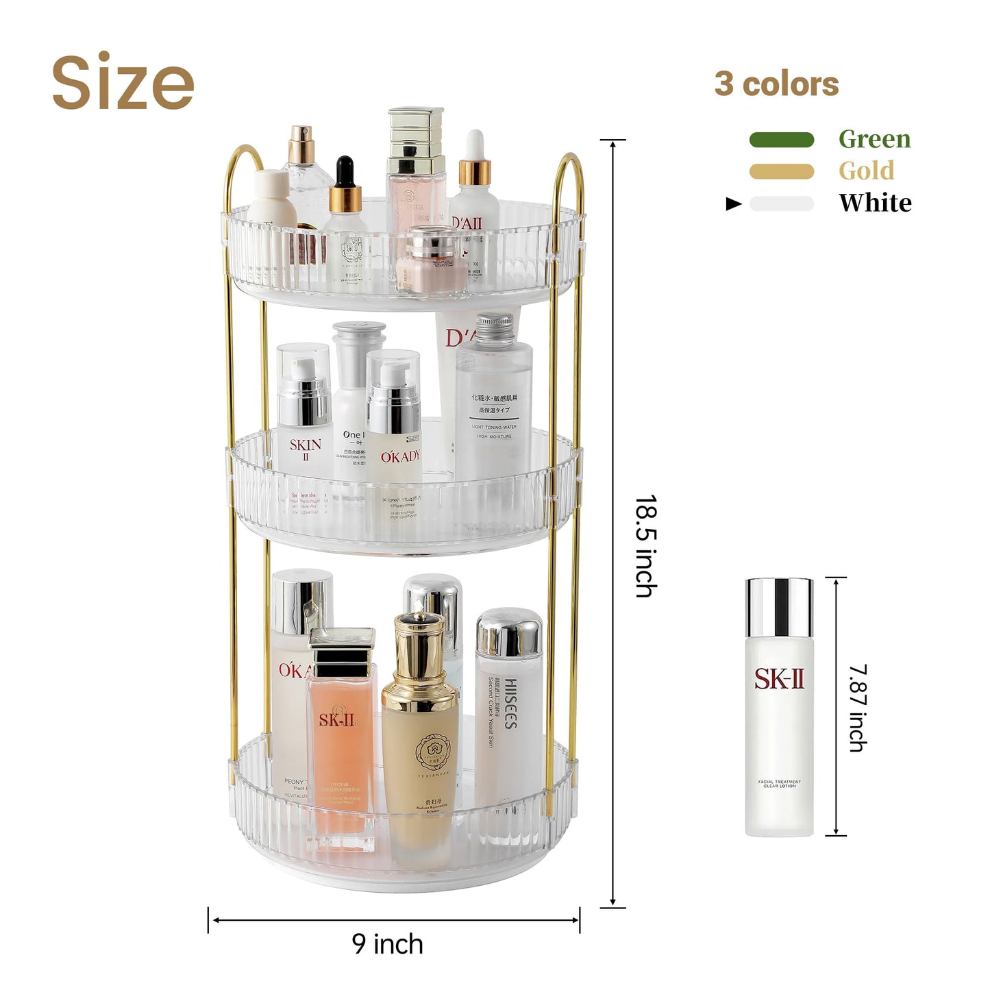 Rotating Makeup Organizer for Vanity, Large Skincare Make Up Storage Perfume Organizers for Bathroom Counter, Clear Cosmetic Dresser Organizer, Lipstick Toiletry Spinning Holder (3 Tiers, White)