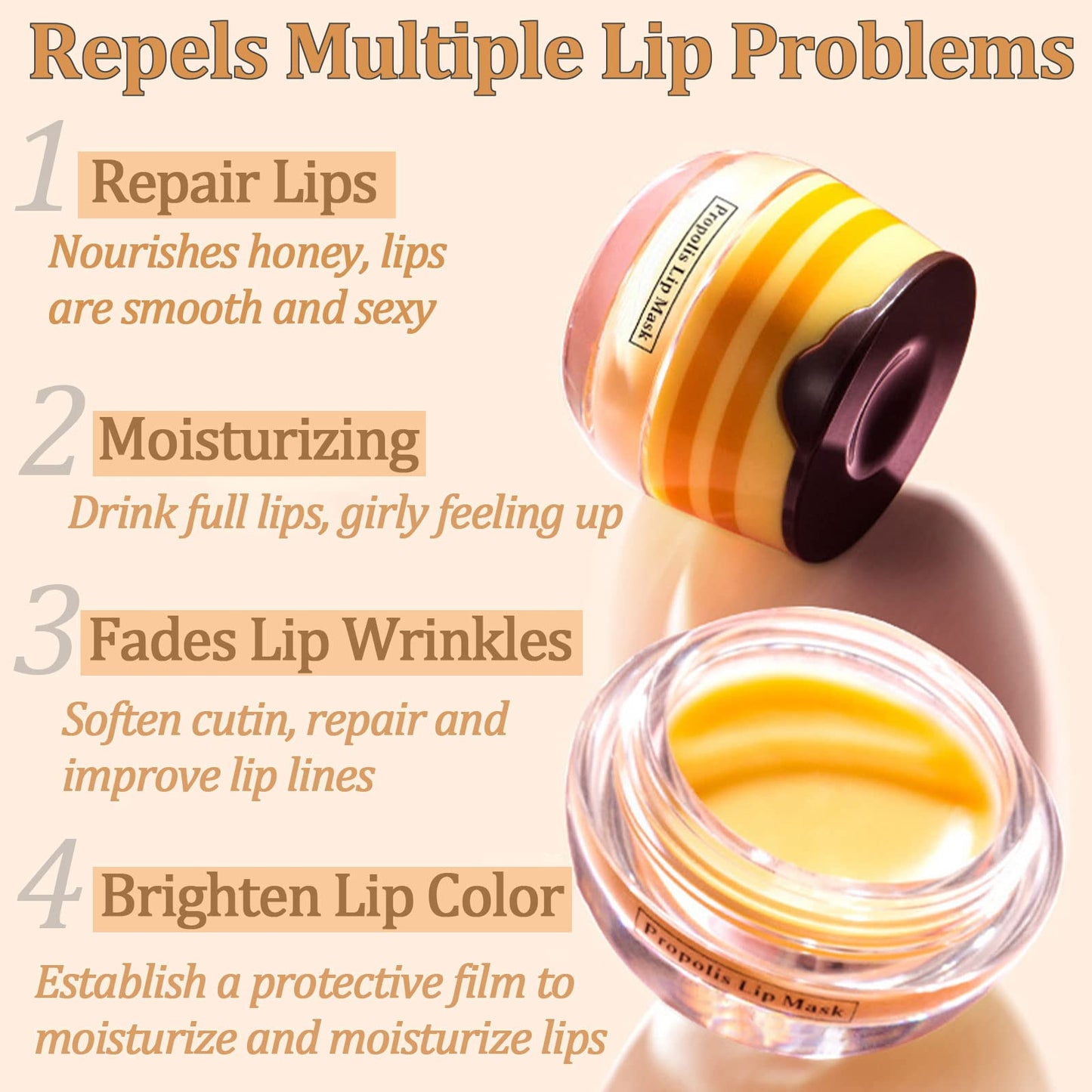 2 PCS Bee Lip Balm Lip Mask Honey Pot Honey Lip Mask Propolis Moisturizing Lip Balm with Stick - Hydrating Prevention Dry and Cracked Lip Scrubs Exfoliato Lip Wrinkle Skin Care Products