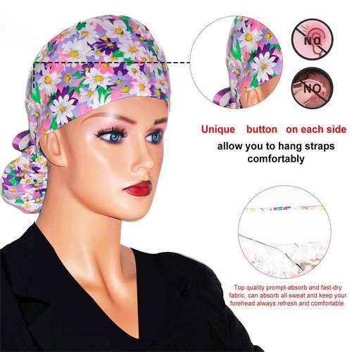 Scrub Cap with Buttons - Cotton Cap with Sweatband, Adjustable Ponytail Working Cap, Tie Back Hats for Women (Chrysanthemum)