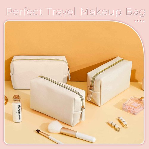 Dunzy 8 Pcs Makeup Bag Pu Leather Cosmetic Pouch Waterproof Small Toiletry Bag Portable Cosmetic Organizer Water Resistant Storage Purse for Lady Women Daily Storage Travel Organizer (Beige,Medium)