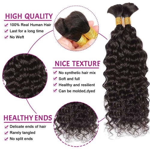 Human Braiding Hair for Boho Braids 100g 2 Bundles/Pack 16 Inch Curly Boho Hair for Braiding Knotless 12A Deep Wave Bulk Bohemian Natural Black