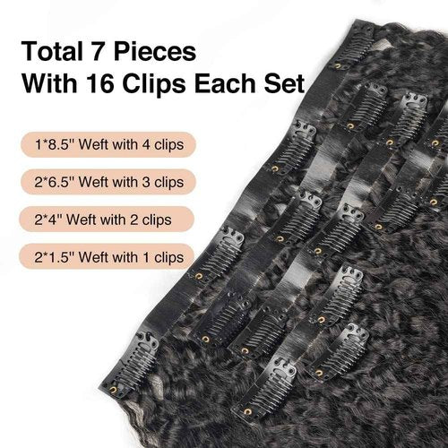 Niawigs Kinky Straight Seamless Clip Ins for Black Women Human Hair Clip In Hair Extensions Real Human Hair PU Invisible Hair Extensions 7pcs Set 22 Inch 130 Grams