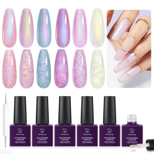 Pearl Gel Nail Polish Set 6 Pearl Gel Polish Colors,Mermaid Gel Nail Polish,Iridescent Gel Nail Kit,Aurora Pastel Gel Polish,Pearlescent Shell Thread Effect,Shimmer Glitter Pink,UV Light Cured