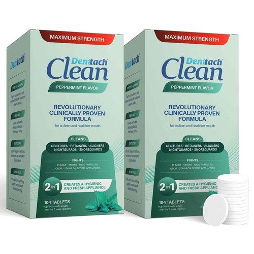 Denttach Clean Retainer Cleaner Tablets, Denture Cleaning Tablets, Maximum Strength Denture Cleaner for Ultra Fresh Dentures, Night Guard Cleanser, Eliminates Stains, Peppermint 104 Count Pack of 2
