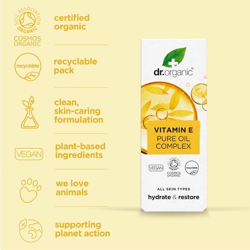 Dr. Organic Vitamin E Pure Oil Complex | Nourishes and Protects Skin, Enhances Elasticity, Natural, Certified Organic, Paraben & SLS-Free, 50 mL / 1.7 fl oz