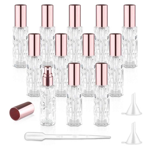 DynnnDy 12Pcs 10ml Clear Glass Spray Bottles with Rose Gold Lid Mini Refillable Perfume Dispenser Fine Mist Atomizer Empty Sample Containers for Essential Oils Skin Care Products Cleaning