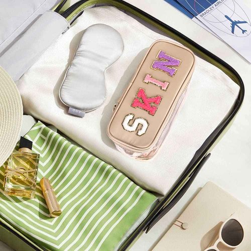 MEEJUNE Portable Chenille Letter Clear Preppy Makeup Zipper Bag Waterproof Foldable Organizer Travel Storage Purse For Vacation Travel, Bathroom
