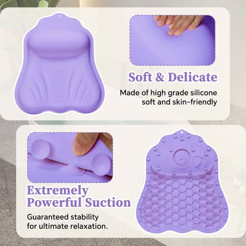 Silicone Bath Pillow for Tub Adults, 4D Air-Cushion Bathtub Pillow for Head Neck and Back Support, Non-Slip Suction Cups, Quick-Drying Waterproof Spa Pillow, Easy to Clean & Store，Purple