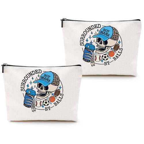 CQM 2pcs Skull Surrounded by Balls Makeup Bags, Baseball Soccer Basketball Football Cosmetic Bag, Sports, Mama, Skeleton, Travel Toiletry Bag for Women