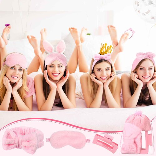 Wavyknot 48 Pcs Spa Party Supplies Sleep over Essentials 12 Pink Spa Headband 12 Pink Plush Sleep Eye Mask 12 Claw Clips 12 Organza Bags for Slumber Party Christmas Gift