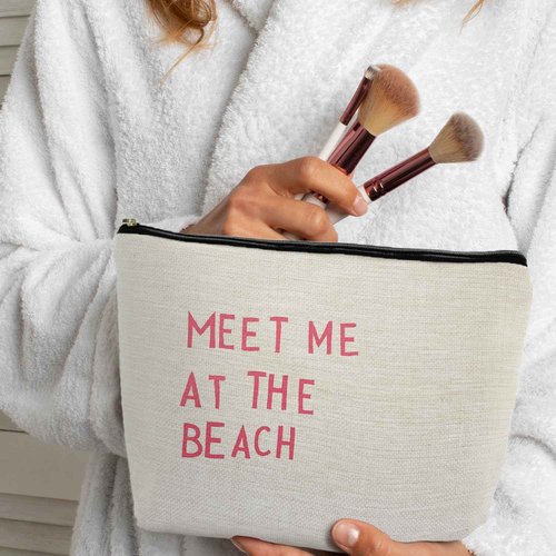 ignytiger Coastal Beach Makeup Bag, Meet Me At The Beach Cosmetic Bags for Women, Preppy Cute Small Pink Makeup Pounch, Ocean Lover Gifts Zipper Pouches for Purse